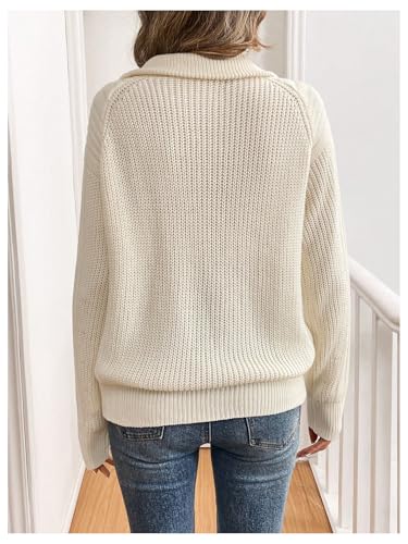 Image of MakeMeChic Women's Half Zip Pullovers Tops V Neck Collar Sweater Long Sleeve Fall Sweaters Apricot Medium