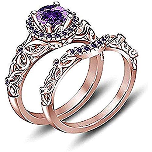 V Touch 14K Rose Gold Plated 925 Sterling Silver Round Cut Purple Amethyst Engagement Wedding Tinkerbell Ring Set for Women's