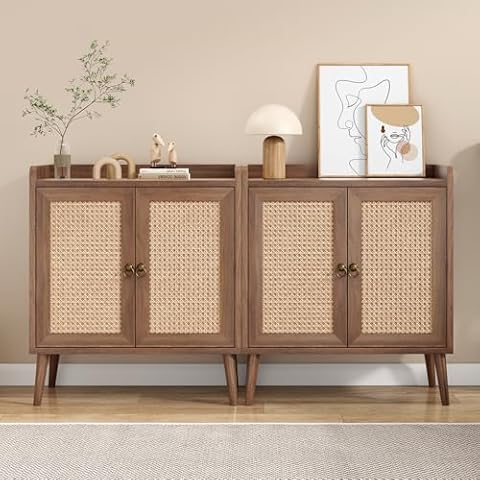 Farini Sideboard Buffet Cabinet Set of 2, Bar Liquor Cabinet with Rattan Decorated Doors, Vintage Side Cabinet for Dining Room, Living Room,Hallway（Vintage） Cover