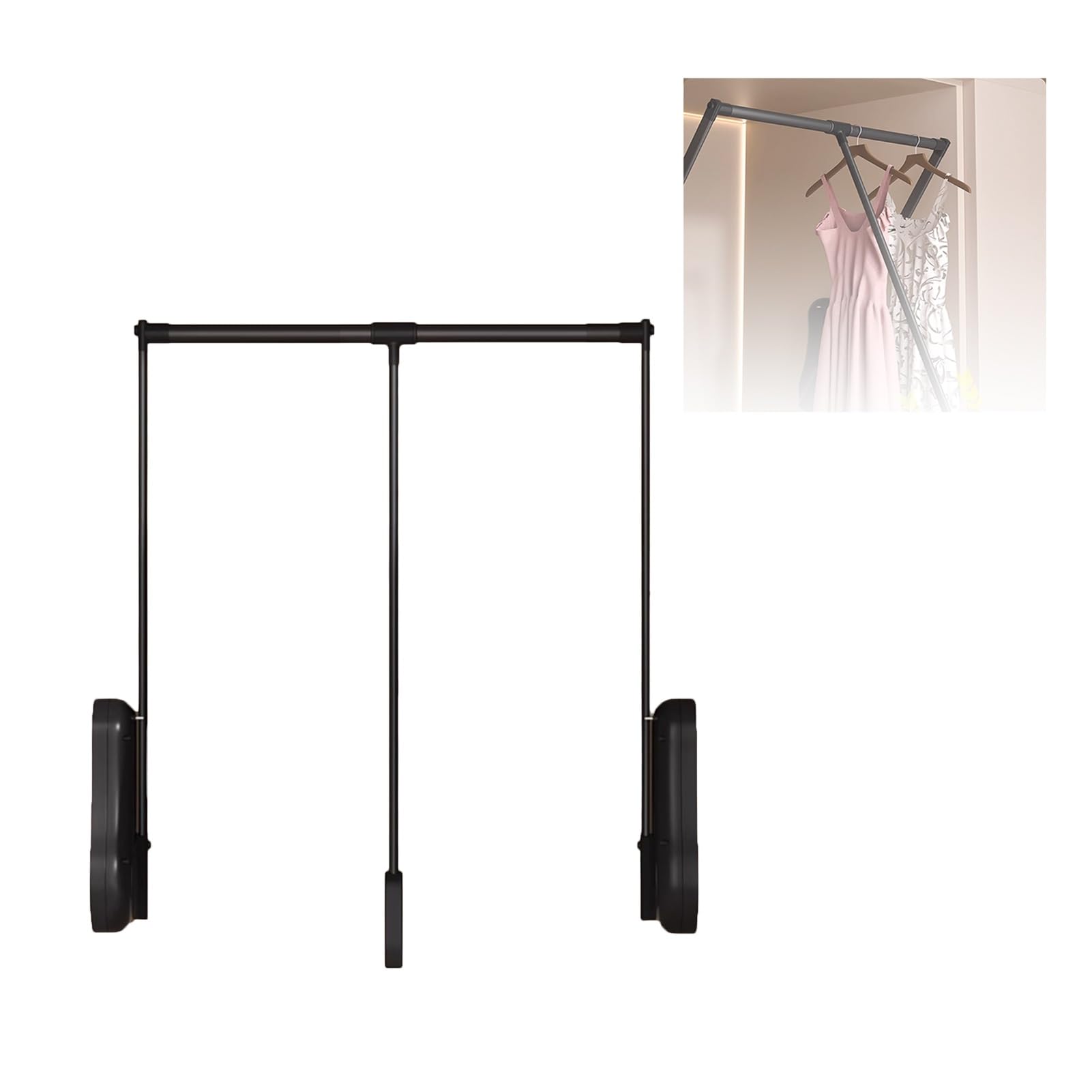 HTTGDGDH Pull Down Closet Rod With Pneumatic Buffer, Adjustable Wardrobe Rail Organizer For Hanging Clothes, Max Load 25Kg - Space-Saving Solution,Black-510-650mm