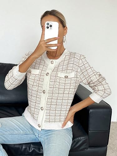 Image of WDIRARA Women's Plaid Button Front Cardigan Round Neck Long Sleeve Knit Cardigan Sweater