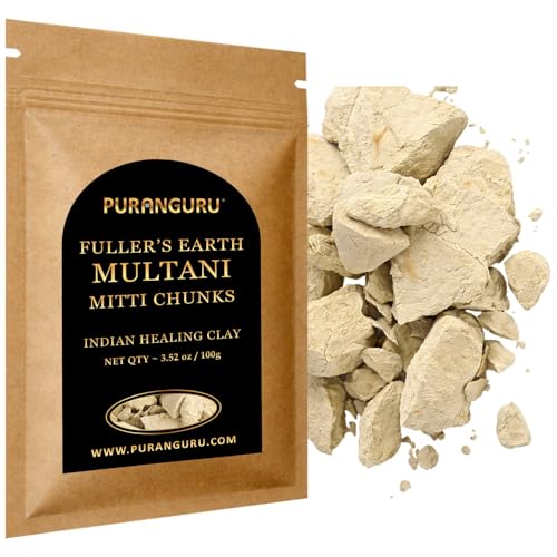 PURANGURU Multani Mitti Chunks for Face Pack | 100g/3.52 oz | Natural Raw Indian Healing Clay for Hair | Fuller's Earth Powder Anti Acne Scrub | Tan Removal Skin Tightening Face Mask for Glowing Skin