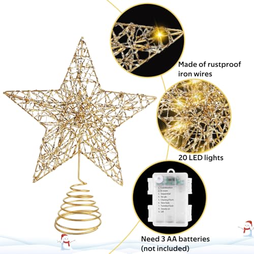 Christmas Gold Star Tree Toppers Metal Lighted with 20 LED Lights, Remote Control Star Tree Topper for Christmas Tree Decorations and Xmas Holiday Seasonal Décor, 11.8 x 9.5 Inch by AUMAYCO - Image 3