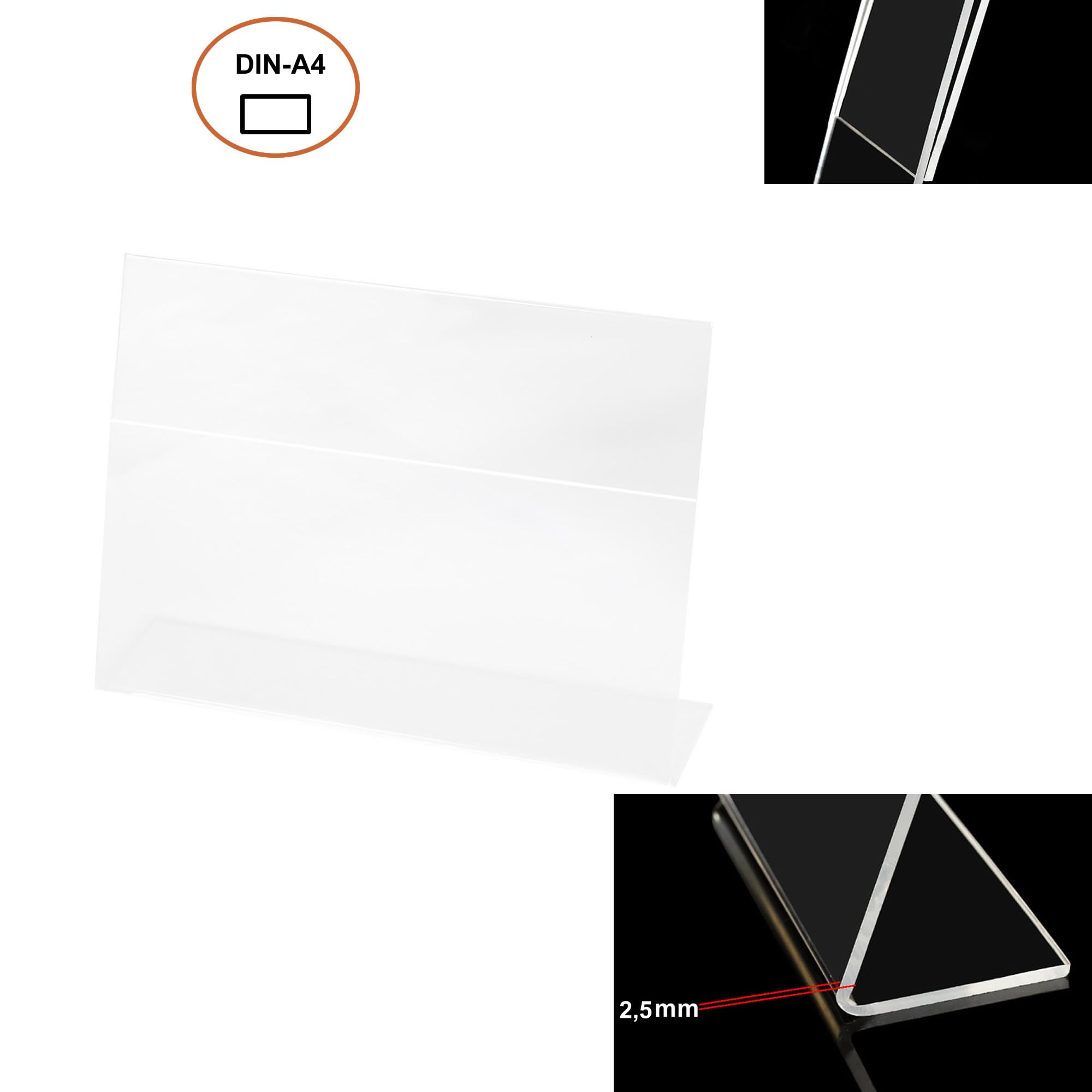 TUKA 50X A4 Quer Acryl Anzeige-Ständer Plakataufsteller, Tischaufsteller Schräg L-Ständer, Prospektständer Werbeaufsteller Flyer-Display Speisekartenhalter aus 2,5mm Acryl Glaskla, TKD8201-A4-50x