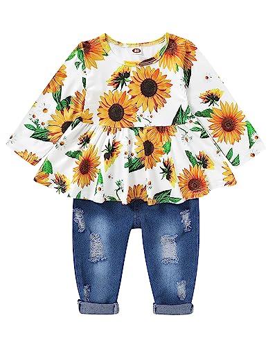 Image of Toddler Baby Girl Clothes Winter Fall Outfits Long Sleeve Ruffle Shirt and Flare Denim Jeans Girls Clothing Set
