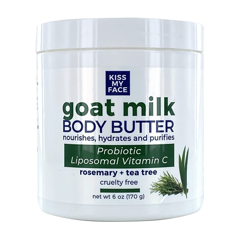 Kiss My Face Goat Milk Body Butter - Rosemary + Tea Tree - Antioxidant Blend of Olive Oil, Aloe & Liposomal Vitamin C - 3XBIOTIC Complex -