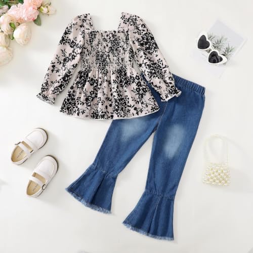 Image of Kucnuzki Toddler Kids Girl Clothes Long Sleeve Shirt Tops Baggy Jeans Cute Pants Set Baby Girl Outfit 2 Piece Clothing