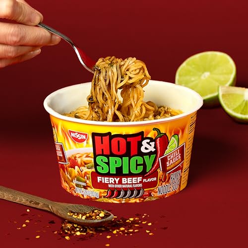 Image of Nissin Hot & Spicy Ramen Noodle Soup, Fiery Beef, 3.28 Ounce (Pack of 6)