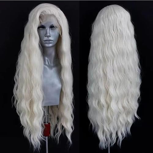 ELESTY Long Wavy White Blonde Hair Synthetic Lace Front Wig For Women Natural Loose Curly #60 Platinum Icy Blonde Lace Wigs Free Part Water Wave Glueless Lace Front Wigs High Temperature Hair Cosplay