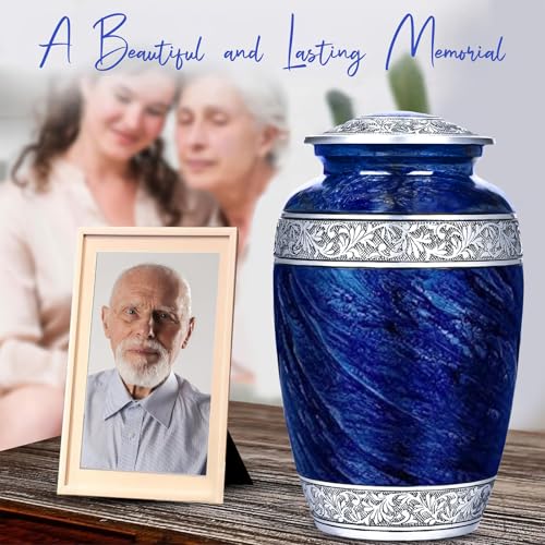 Image of Blue Urns Set of 6 Funeral & Cremation Urns for Human Ashes Adult Man /Woman with 1 Large Blue Urn for Ashes Adult Male with a Customizable Medallion & Ash Necklace with 4 Matching Small Urns