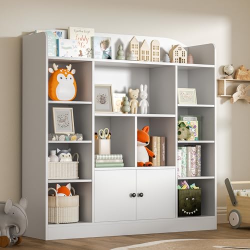White Kids Bookshelf, Kids Bookcase with 11 Cubbies and 2 Cabinets, Freestanding Book Storage Shelves for Bedroom, Playroom, Hallway