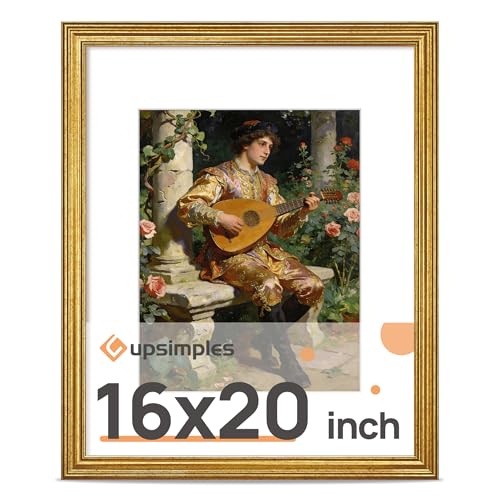 Image of upsimples Vintage 16x20 Frames, Antique Gold Frames Display 11x14 with Mat or 16x20 Picture Without for Vertical or Horizontal Wall Decor, 1pack | Fit 11x14 and 16 x 20 Poster, Wall or Tabletop Display, Antique-style Decoration, Rustic Farmhouse Decor, For Weddings