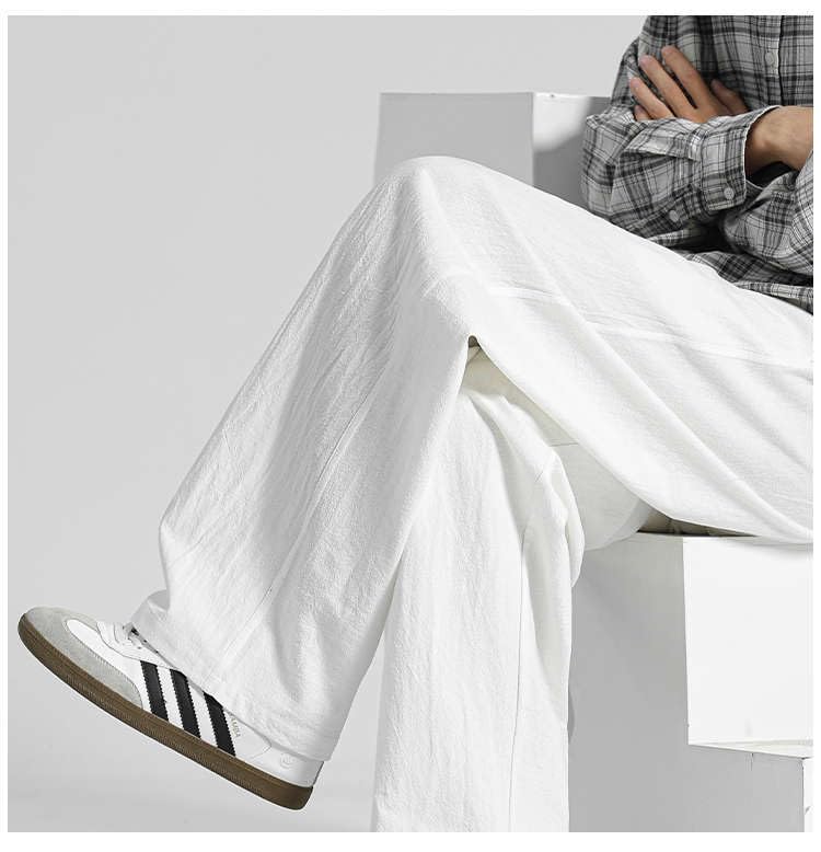 Mokaloha Mens Pants, Men's Casual Hemp Fabric Embroidered Logo Drawstring Loose Elastic Waist Pocket Trousers Classic4