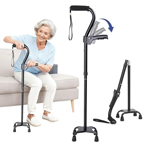 Uojeeong 4-Pronged Stability Cane for Seniors - Adjustable Foldable Walking Cane with Standing Assist Handle, Specially Designed Rise Assistance Grip to Reduce Strain When Standing Up（Black）