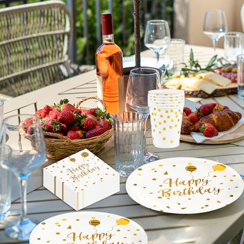 72 Stück Geburtstag Partygeschirr,Happy Birthday Weiß Gold Geburtstag Party Geschirr Becher Serviette Pappteller Set,für Mädchen Kinder Tischdekoration-24 Gäste