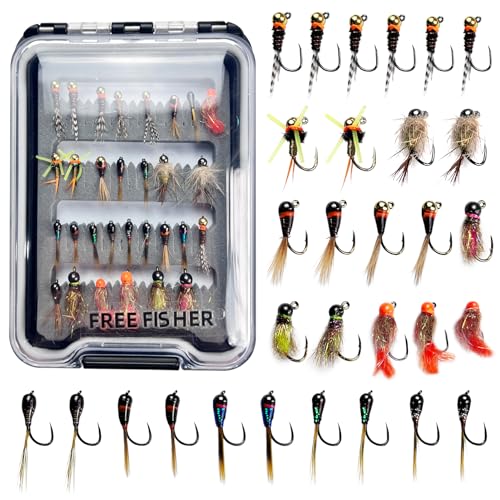 L PATTERN Lot de 30 / 24 mouches de pêche à la mouche - Leurres à mouches - Pour truite et perche - Boîte en tungstène - Crochets de pêche à la mouche