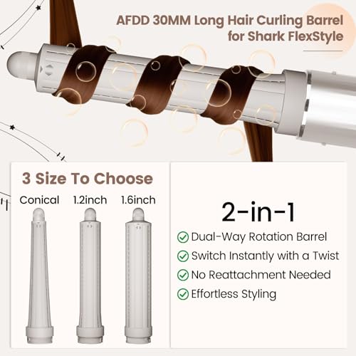Image of 1.2in Long Hair Curling Barrel Attachment Compatible with Shark FlexStyle, Self-Curling Accessories for Shark Flex Style HD400 Series with Both Curl Directions for Defined Curls