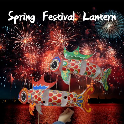 Image of Spring Festival Lantern Chinese New Year Lanterns Year of the Dragon Creative KOI Fish Lanterns Handmade DIY Lanterns Material Lantern(Red)