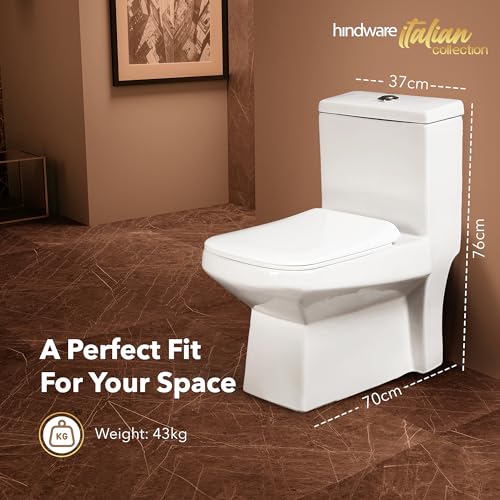 Image of Hindware Italian Collection Enigma One Piece Floor Mount Western Commode for Bathroom | Made of Ceramic | S-220 Trap | Soft Close | Star White | Geometric Shape | Floor Mount Ewc | 10-Year Warranty