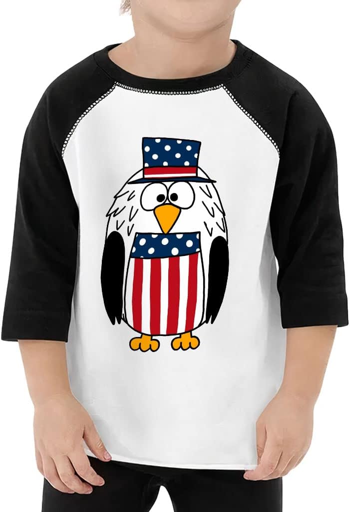 Patriotic Eagle Toddler Baseball T-Shirt - Funny 3/4 Sleeve T-Shirt - Cartoon Kids' Baseball Tee