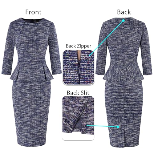 Image of VFSHOW Womens Pleated Crew Neck Peplum Slim Work Business Dress Elegant 3 /4 Sleeves Office Church Bodycon Pencil Sheath Dress