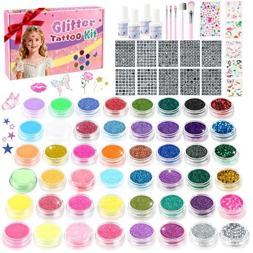 Glitzer Tattoo Set Kinder 48 Farben Glitzertattoos Mädchen 540 Schablonen 115 Strasssteine 5 Pinsel 4 Kleber Wasserfeste Temporäre Tattoos Kinder Geschenk für Geburtstag Party Weihnachten
