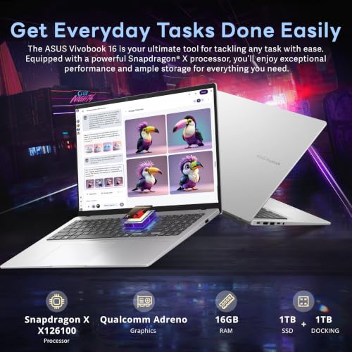 Image of ASUS Vivobook 16 Copilot+ 16 inch WUXGA IPS Laptop, Snapdragon X-X126100, 16GB RAM, 2TB Storage (1TB SSD+ 1TB Docking Station Set), Qualcomm Adreno, Backlit Keyboard, HD Camera, Win 11 Pro, Silver