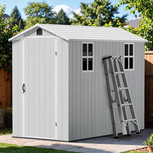 Image of Greesum 4x8FT Plastic Outdoor Storage Shed with Floor, Light Gray