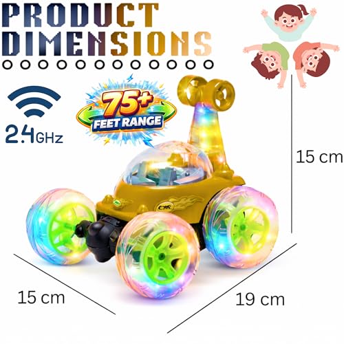 Image of toyco Rechargeable 360 RC Stunt Car for Kids | 5 Modes with Smoke & LED Lights | Dual-Side Rotating Remote Control Car | 2.4GHz Long Range (75+ Ft) | Off-Road Stunt Toy for Boys Girls 3-10 (Yellow)