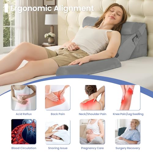 Image of Sasttie Wedge Pillow Set for After Surgery, 3PCS Adjustable Bed Wedge Pillow Headboard with Memory Foam Neck Cushion - for Acid Reflux, Sleeping, Neck & Back Support, Velvet & Light Grey