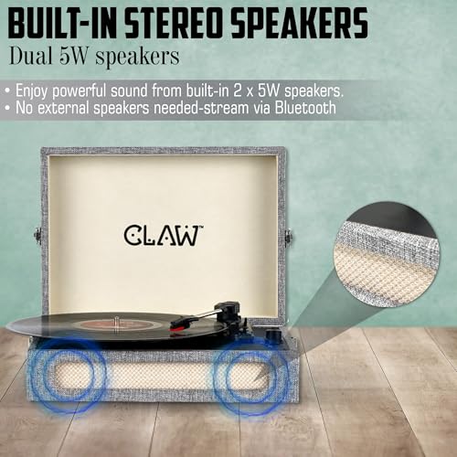 Image of Claw Stag Retro Vinyl Record Player with Bluetooth 5.3, 10W Stereo Speakers, 33 /45 /78 RPM, USB Recording, AUX-in, RCA Out, Headphone Jack, Volume Knob & Playback Buttons | Grey
