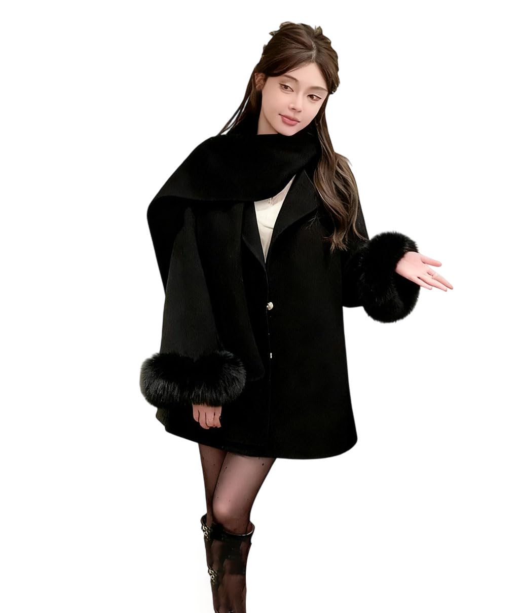 Women Double Faced Coat With Real Sleeves Matching Scarf Chic Warm Temperament Trench Coat