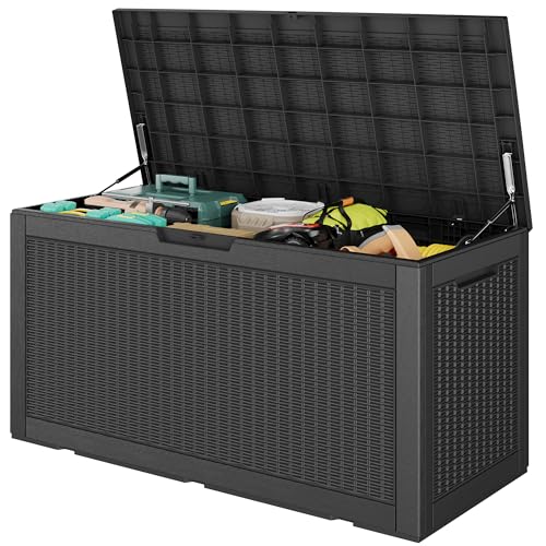 160 Gallon Deck Box, Lockable Outdoor Storage Box Gas Lift, Waterproof, Black