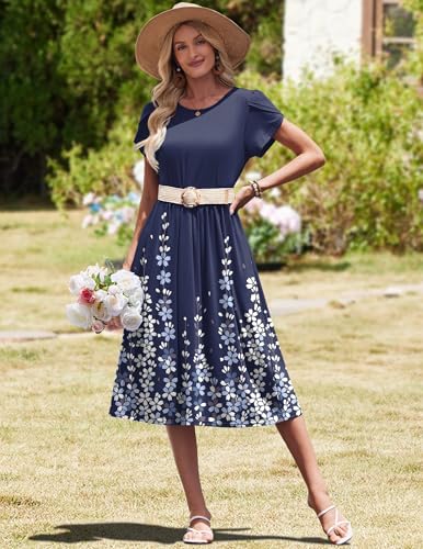 Image of HOTOUCH Women's Summer A-Line Midi Dresses 2026 Casual Floral Short Sleeve T-Shirt Dress Flowy Beach Sundress with Pockets