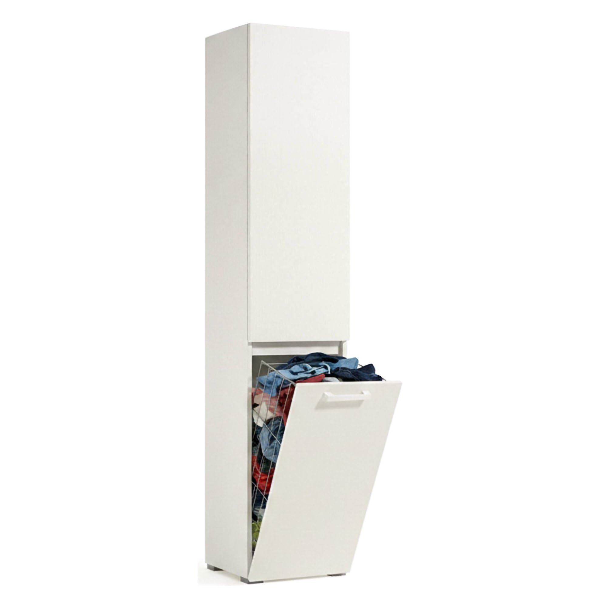 Dmora - Armadio multiuso 2 ante Agapanto, Mobile lavanderia a 2 ante, Colonna da bagno con cestello portabiancheria, 100% Made in Italy, 45x37h195 cm, Bianco
