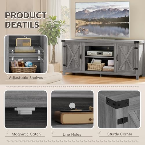 YESHOMY Modern Farmhouse TV Stand with Two Barn Doors and Storage Cabinets for Televisions up to 65+ Inch,Entertainment Center Console Table,Media Furniture for Living Room, Grey