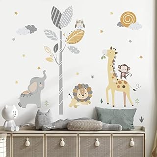 decalmile Safari Animals Tree Wall Stickers Jungle Elephant Lion Giraffe Wall Decals Baby Nursery Kids Room Living Room Wall Decor