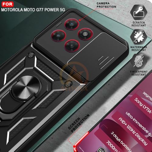 Image of Armor Bumper Back Cover Case for Motorola Moto G77 Power 5G Rotating Camera Cover, Ring Holder & Kickstand | Heavy Duty & 360 Degree Protection Back Cover (Black)