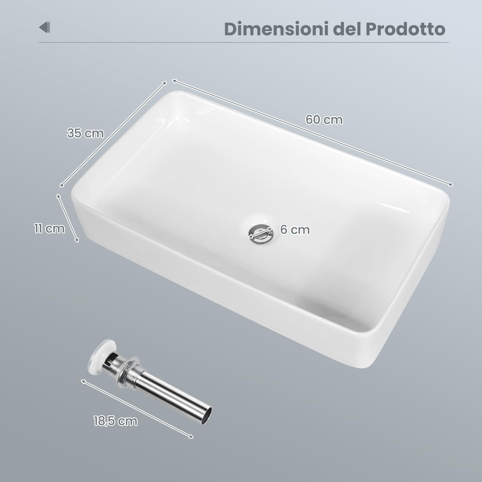 GYMAX 60 x 35 x 11 cm Lavabo in Ceramica Rettangolare con Scarico a Pressione, Lavello d'Appoggio Bianco con Superficie Liscia per una Pulizia Facile, Stile Moderno, Ideale per Casa, Ristorante, Hotel