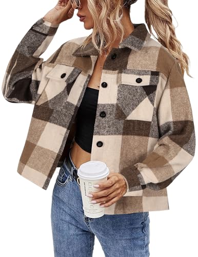 HOTOUCH Women Jacket Cropped Flannel Plaid Button Down Shirt Fashion Brown Balck Casual Cozy Shackets Fall Coat