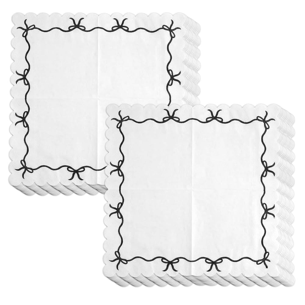 40 Pcs Bow Napkins, Black and White Paper Napkins, Disposable Cocktail Napkins for Birthday Parties, Bridal Showers and Engagement Events, Home Kitchen and Tea Party Table Decorations