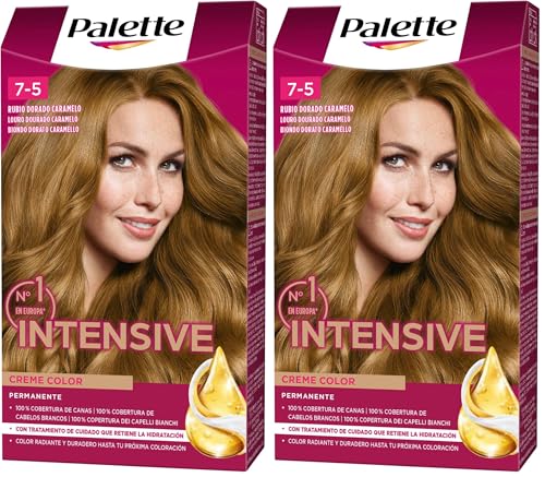 Schwarzkopf Palette Intensive Creme Color – Tono 7.5 cabello Rubio Dorado Caramelo - Coloración Permanente de Cuidado con Aceite de Marula – Óptima cobertura de canas – Color duradero hasta 8 semanas
