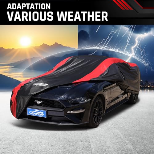 Image of Car Cover Custom Fit for Ford Mustang 1994-2026 | Patented Design, Red Strip Design, Cotton Liner for Paint Protection, Sun Rain Snow UV Proof, Door Zipper, Windproof Buckle