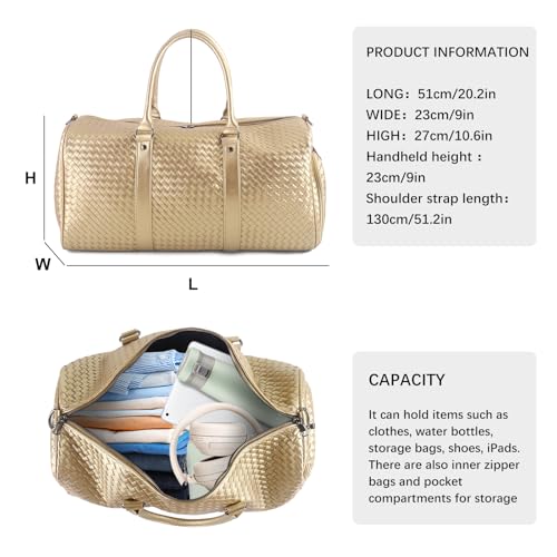 Woven Leather Travel Duffel Bag with Shoe Compartment, Carry On Garment Bag for Men Women, Large Capacity Water-resistant Weekender Tote (Gold)3