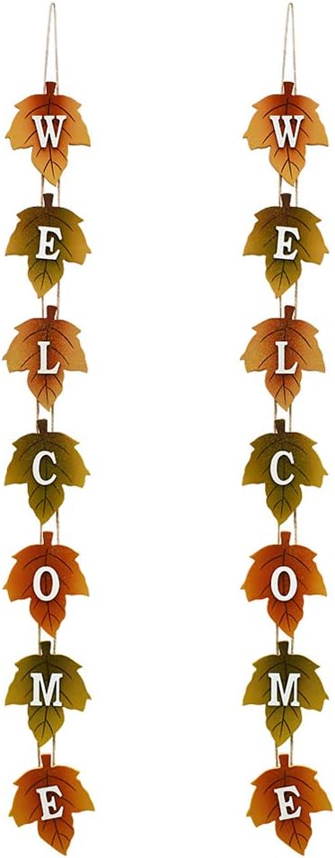 Autumn Welcome Sign with Fall Leaves Vertical Wall Hanging Sign for Front Door, Wood Maple Leaf Ornament Welcome Door Sign Wall Decor for Autumn Harvest Thanksgiving Decor (1)