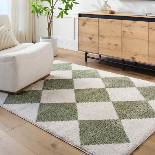 Livabliss Monduli Shaggy Rug - Modern Berber Rugs Living Room, Large 140x200 cm, Soft Shaggy Rugs for Bedroom - Neutral Boho Fluffy Rug, Easy Care Plush Thick Pile - Light Beige, Grass Green