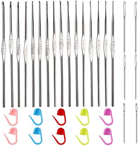 16 PCS Lace Crochet Hooks Set, 0.5mm-2.5mm Aluminum Crochet Hooks Set with 6 PCS Large-Eye Blunt Needles and 10 PCS Stitch Markers, Perfect for Lacework