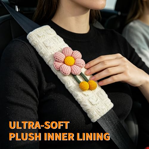 Image of Cute Pink Flower Seat Belt Cover Pads for Women Girls - Soft Plush Seatbelt Cushion, Fun Car Accessories