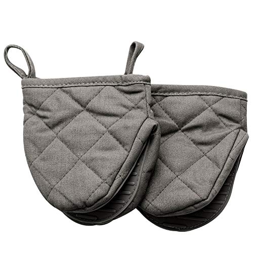 OKINDOLIFE Mini Oven Mitts, Hot Small Half Oven Mitts Sets,Grey Short Silicone Grabber Cooking Mitts Pair Heat Resistant with Non-Slip Grip and Hanging Loop-Ideal for Kitchen Accessories