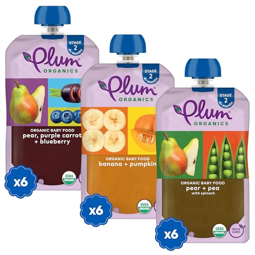 Plum Organics - 6+ Months Organic Baby Food Variety Pack - 3 Flavors - Non-GMO - Fruit & Veggie Blends On-The-Go Pouches for Baby and Toddler Meals - Quality Tested Ingredients - 4 oz (Pack of 18)